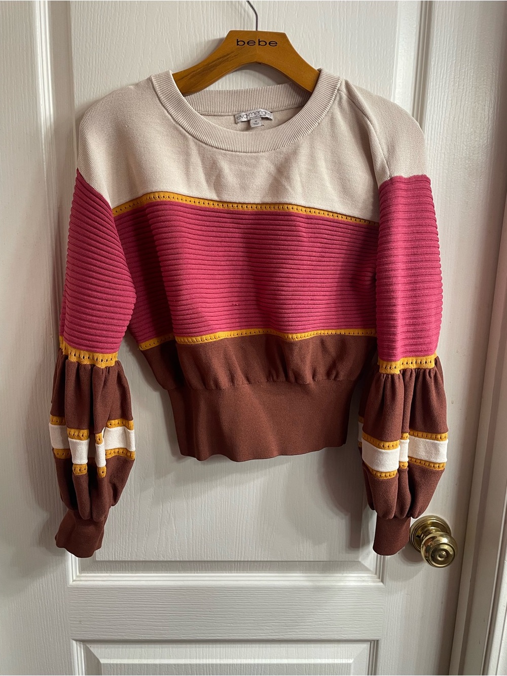 Eva Mendes Women Medium Pink Striped Balloon Sleeve Sweater Color Block